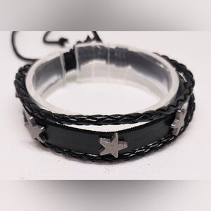 Men's Bracelet Leather Stars Braided Layered Black NEW f42‎